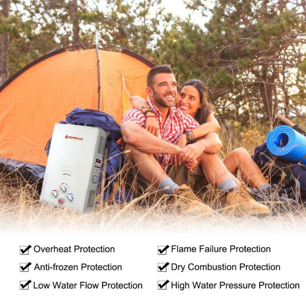 A portable water heater for camping, with a couple sitting in front of a tent, enjoying the sunset.