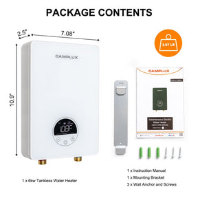 Camplux electric water heater package contents.