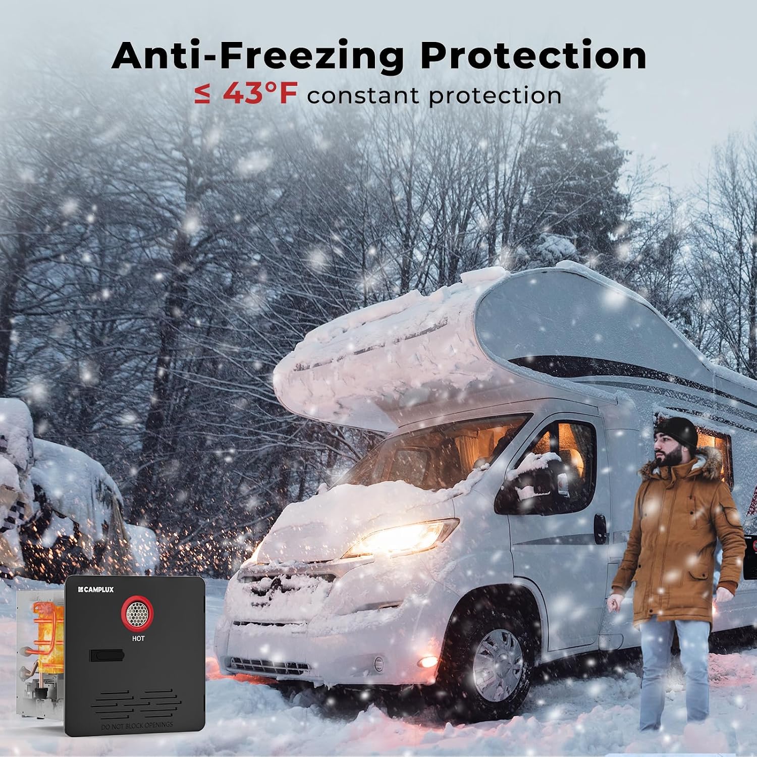 White RV in snowy landscape with person in brown coat, snow-covered trees, and 'Auto Anti-Freezing Protection' text.