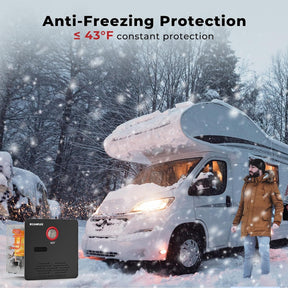 White RV in snowy landscape with person in brown coat, snow-covered trees, and 'Auto Anti-Freezing Protection' text.