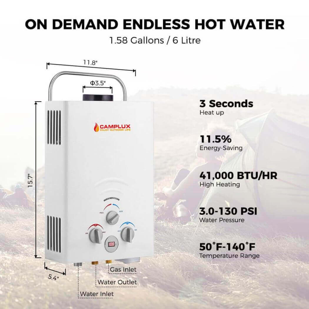 On-demand hot water heater by Camplux: Instantly heats water in 3 seconds, saving up to 11.5% on energy costs.