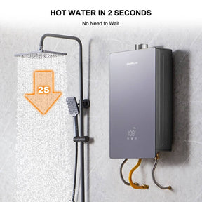A camplux indoor tankless water heater providing instant hot water in 2 seconds, connected to a shower head.