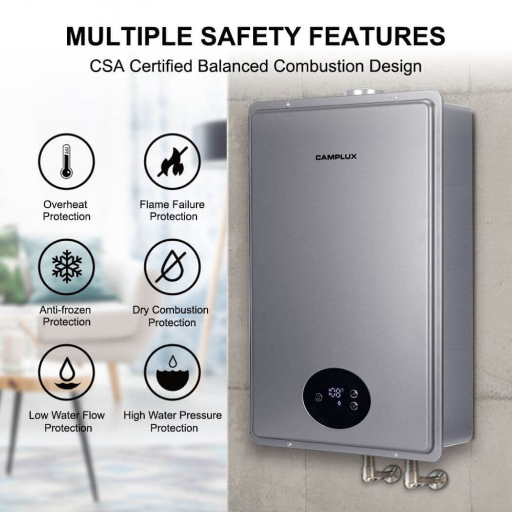 Safety features of water heater: Overheat protection, flame failure protection, anti-frozen protection, dry combustion protection, low water flow protection, high water pressure protection.