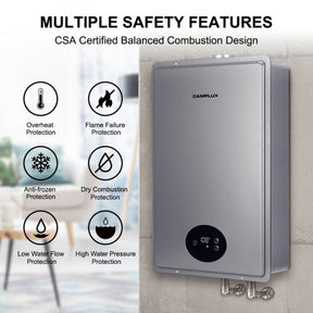 Safety features of water heater: Overheat protection, flame failure protection, anti-frozen protection, dry combustion protection, low water flow protection, high water pressure protection.