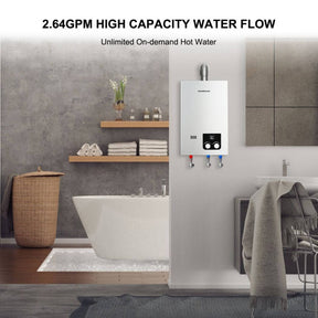 A compact, sleek 2.64gpm high capacity water heater for indoor use in the bathroom.