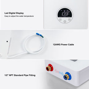 Consice digital display of the electric water heater, standard power cable and pipe fitting.