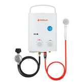 A Camplux portable water heater with a hose, providing convenient access to hot water on the go.