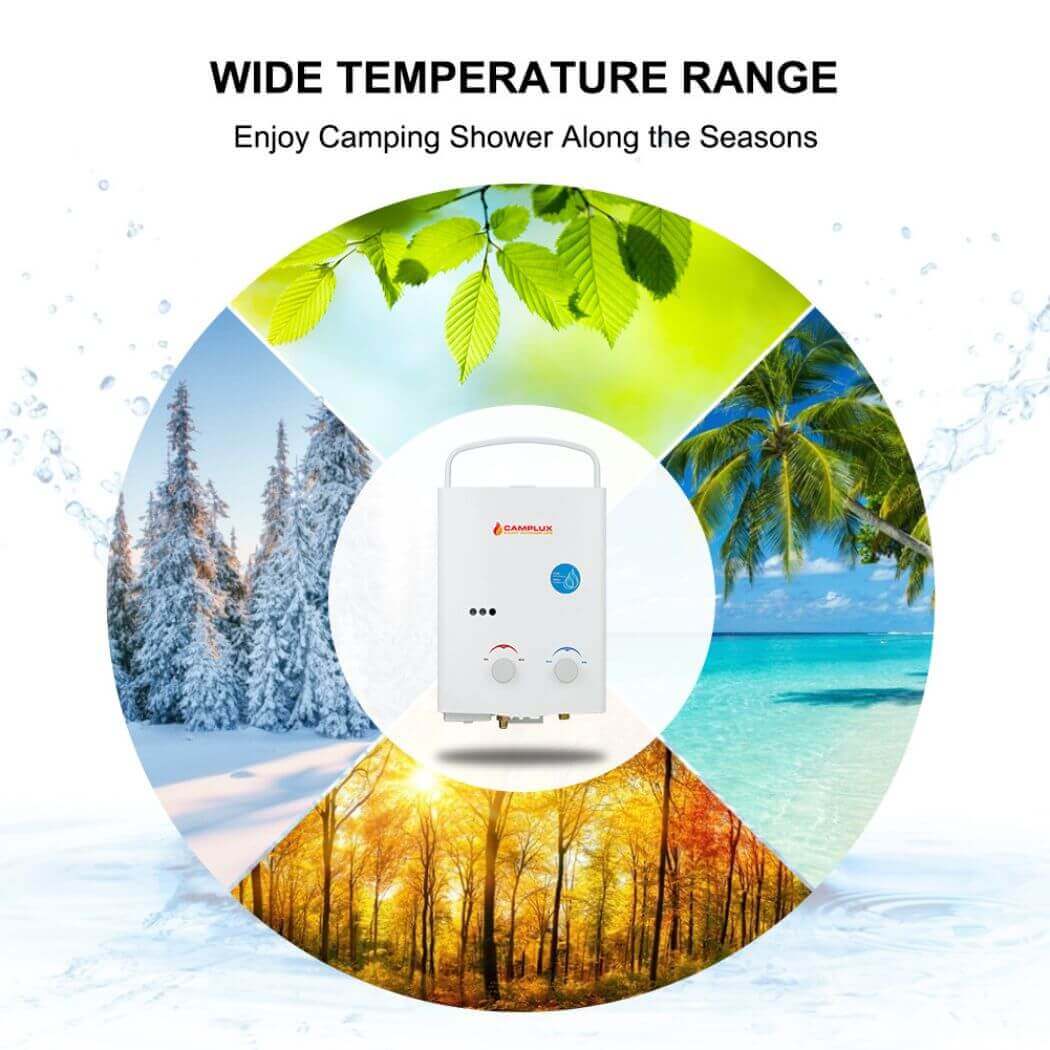 Camplux water heater AY132 allows you to enjoy showering outdoors with its wide temperature range.