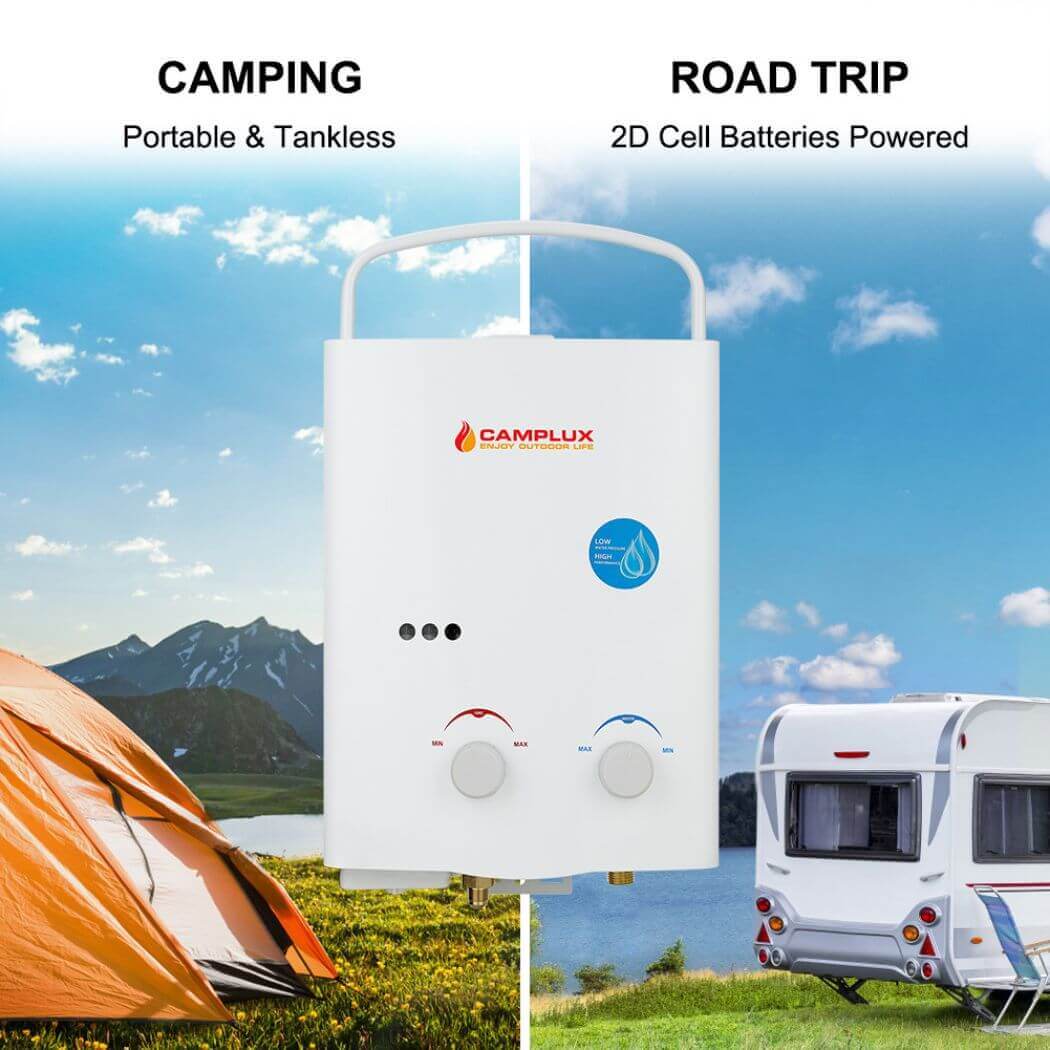 Camplux AY132: Portable water heater, ideal for camping or outdoor activities. Keeps water hot on the go.