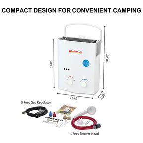 Camplux portable water heater AY132 model: compact unit with control knobs, water inlet/outlet.