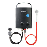 A Camplux portable water heater with a hose, ideal for outdoor use and providing hot water on the go.