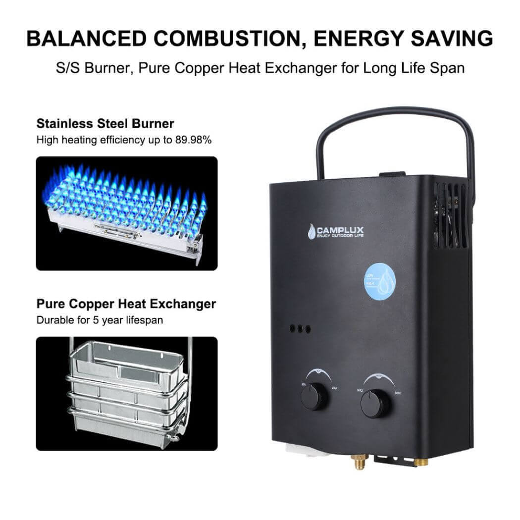 A high-quality water heater for camping that ensures balanced combustion and energy savings.