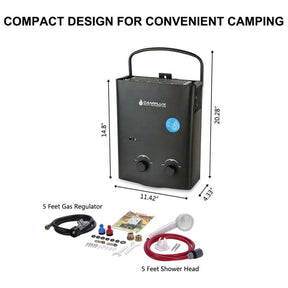 Camplux portable water heater: Compact camping gear for easy transportation and install.