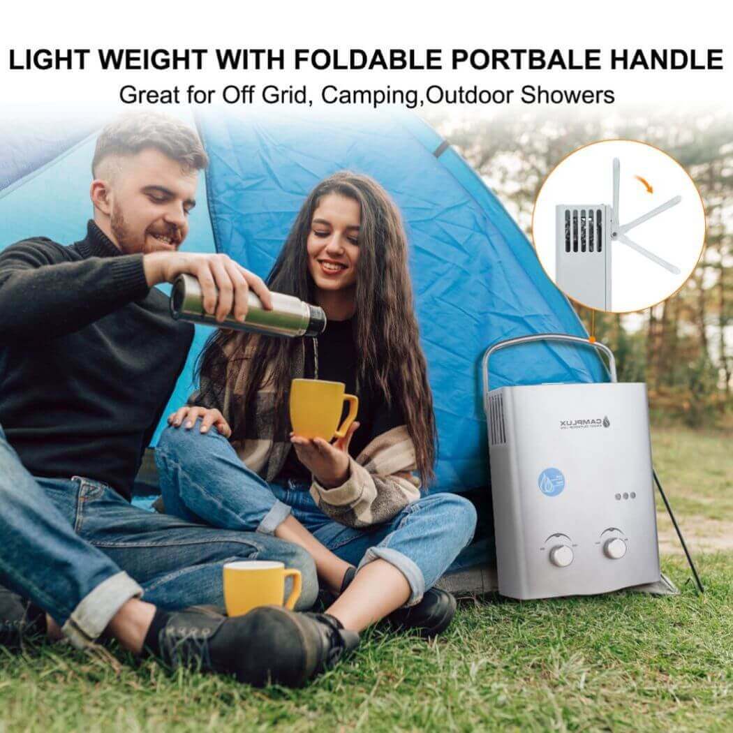 Camplux AY132G portable water heater. Lightweight design, foldable handle.