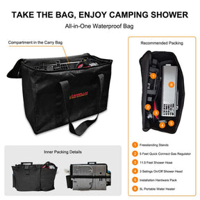 Chauffe-eau portatif extérieur Camplux avec support et sac de rangement - Argent 
