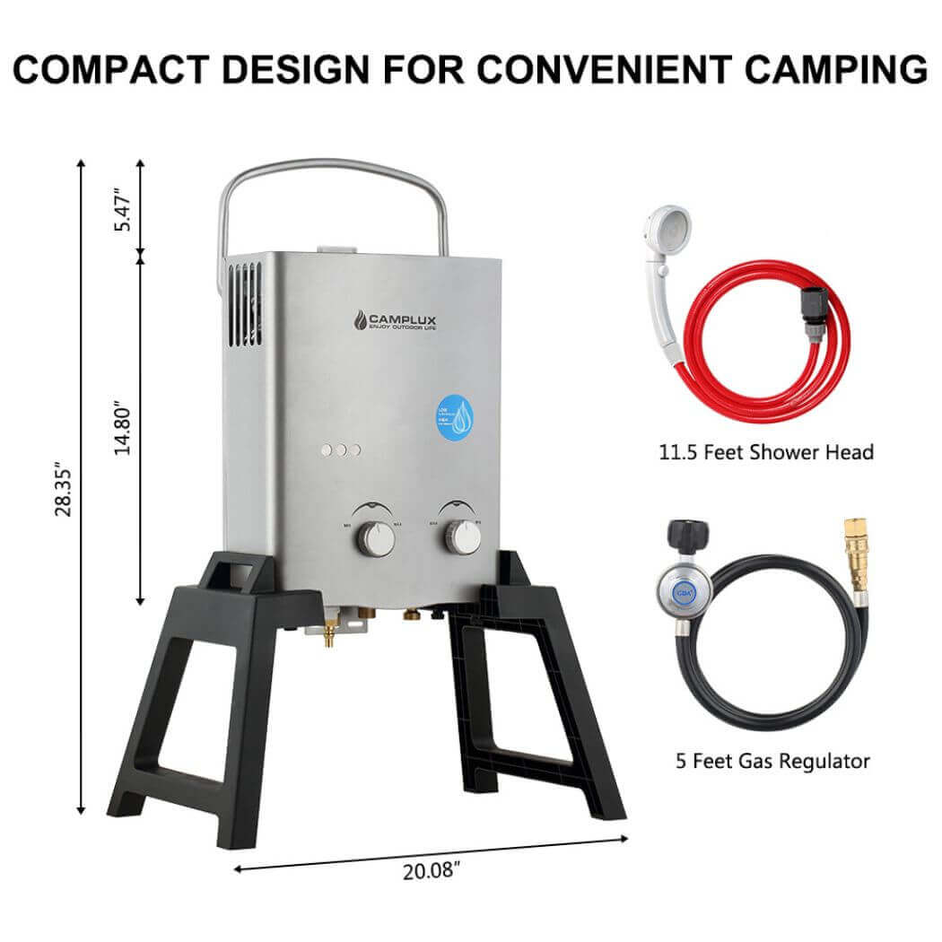 Camplux Tragbarer Warmwasserbereiter für den Außenbereich mit Ständer und Aufbewahrungstasche – Silber 