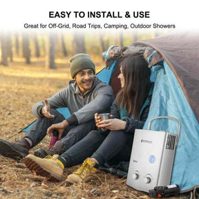A couple sitting in a tent, with an easy-assembly Camplux water heater kit AY132GP43 beside.