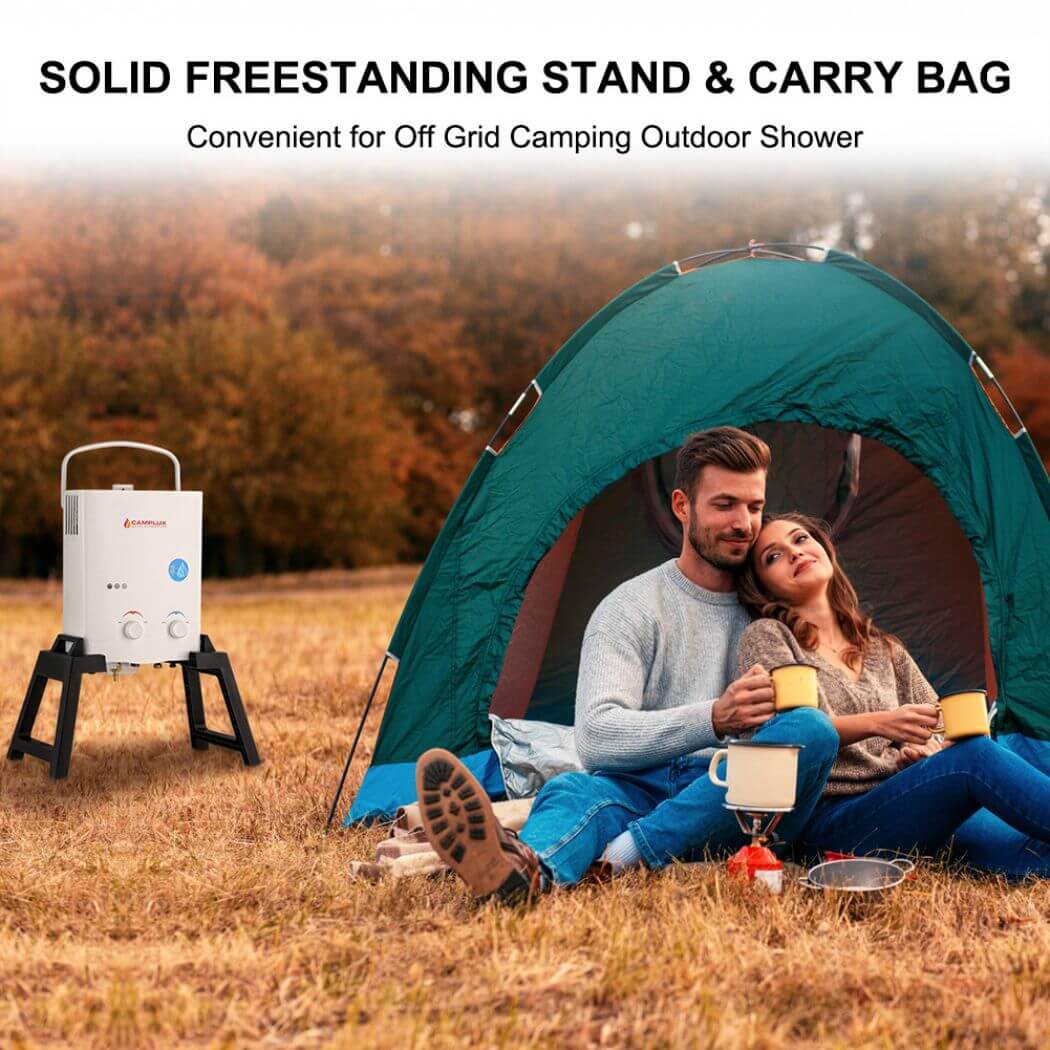Camplux Douche de camping portative au gaz propane d'extérieur 1,32 GPM avec kits de pompe, blanc 