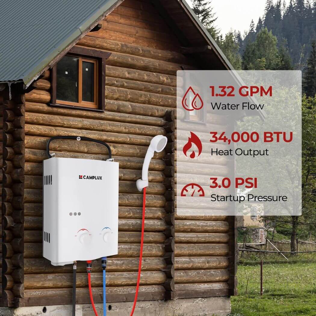 Camplux Propan Off-Grid Tragbarer Warmwasserbereiter für Wohnmobile, Anhänger und Wohnmobile – Weiß 