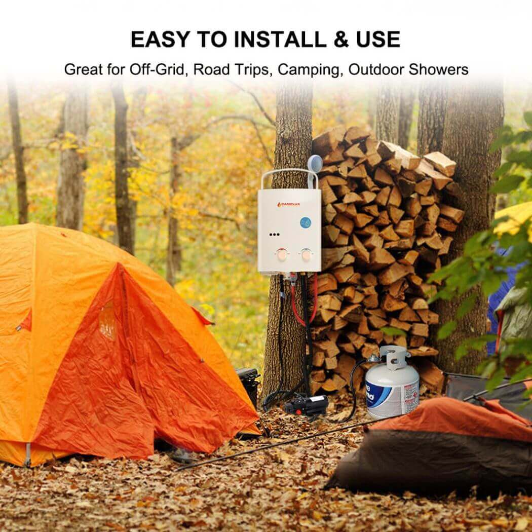 A portable camping water heater by Camplux, providing instant hot water for outdoor adventures in the woods.