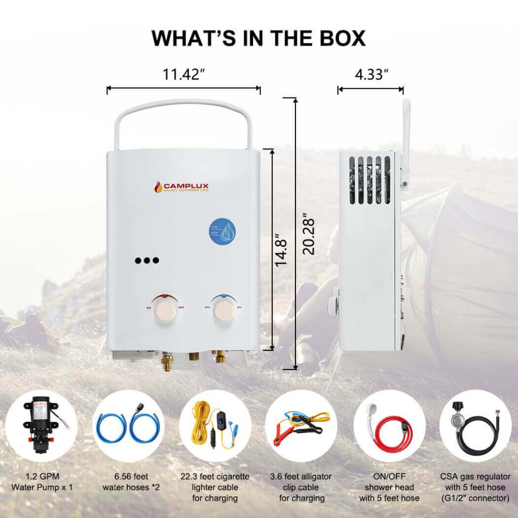 Portable water heater kit AY132P43 by Camplux, compact and travel-friendly, with all accessories included.