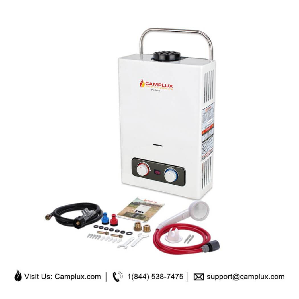 Camplux water heater and accessories are in the packing list.