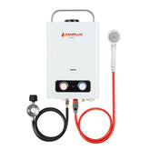 Tankless gas water heater by Camplux. Provides hot water for camping with the convenience of a gas-powered system.