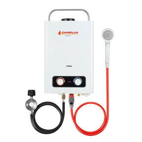 Tankless gas water heater by Camplux. Provides hot water for camping with the convenience of a gas-powered system.