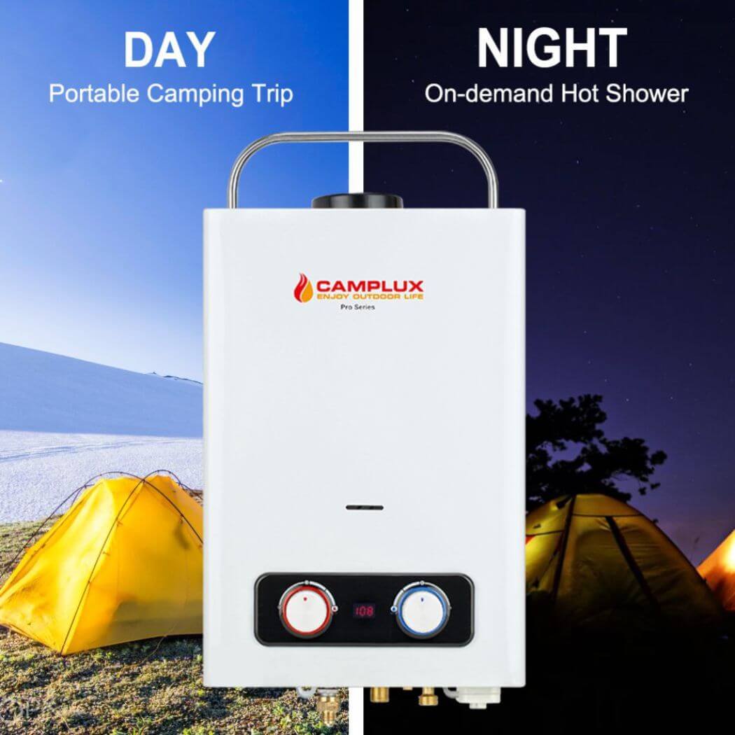 Camplux portable water heater, compact and efficient, providing hot water anytime, anywhere, day or night.