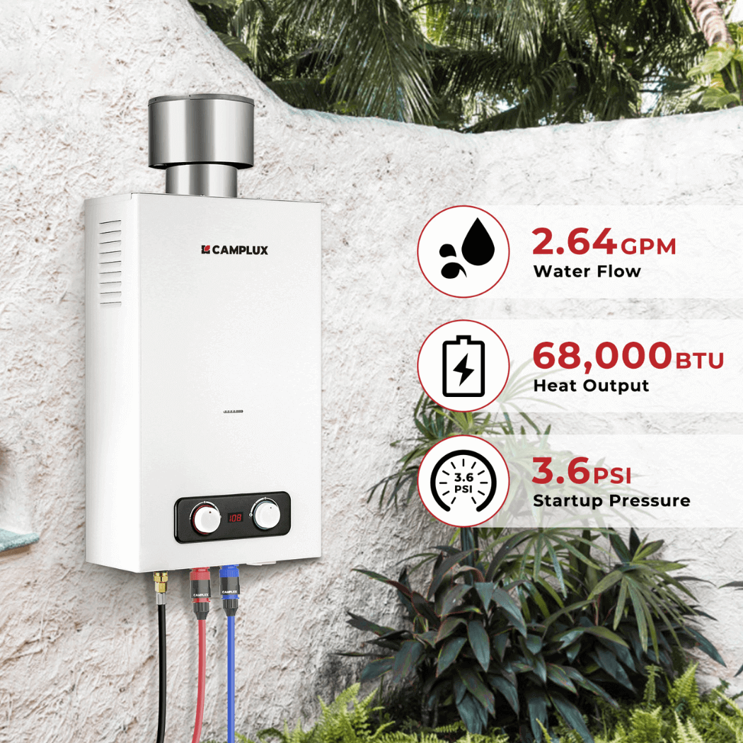 Chauffe-eau sans réservoir, Camplux 2,64 GPM chauffe-eau extérieur au gaz propane avec capuchon de pluie de 4,33", douche de camping, blanc 