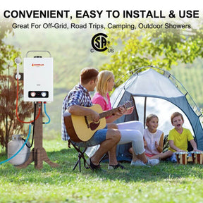 A family sitting in front of a tent, enjoying their time together with a Camplux hot water heater by the side.