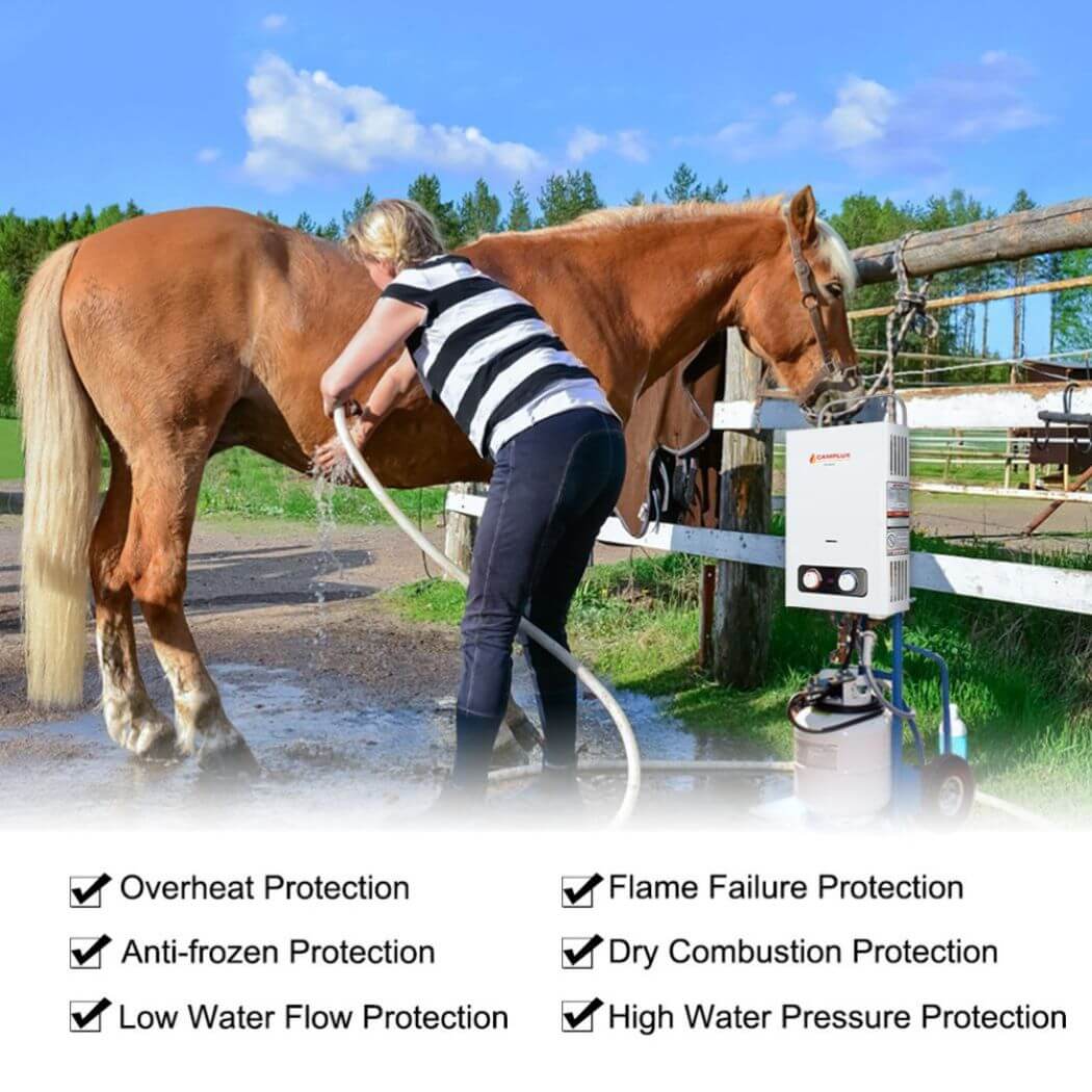A woman bathes a horse, with the assistance of a protection-rich Camplux tankless water heater.