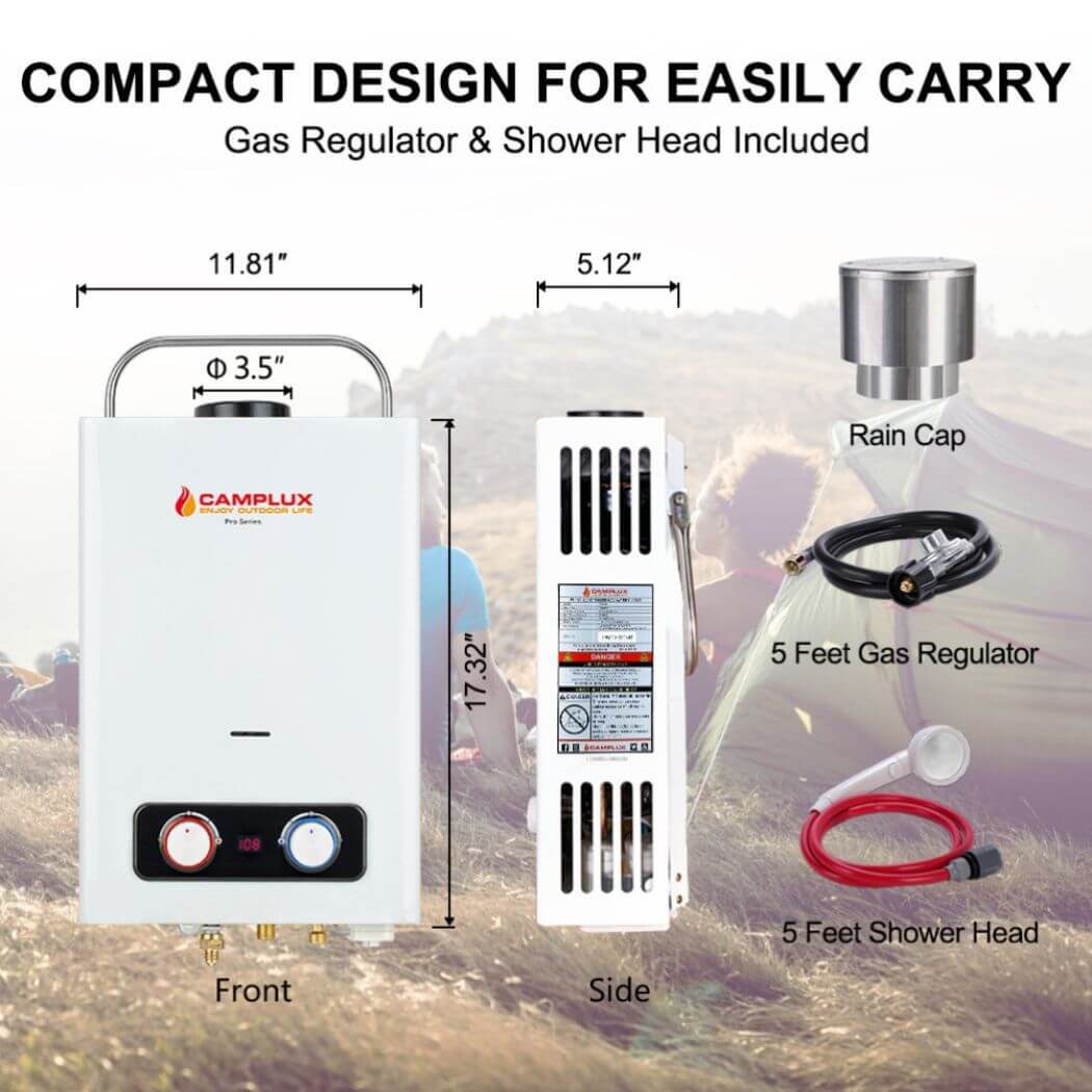 Diagram of Camplux BD158C portable water heater: compact design, temperature control knob, water inlet and outlet, gas connection, power switch.