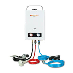 A compete portable water heater with a pump, ideal for outdoor use or emergencies. Provides hot water on the go.