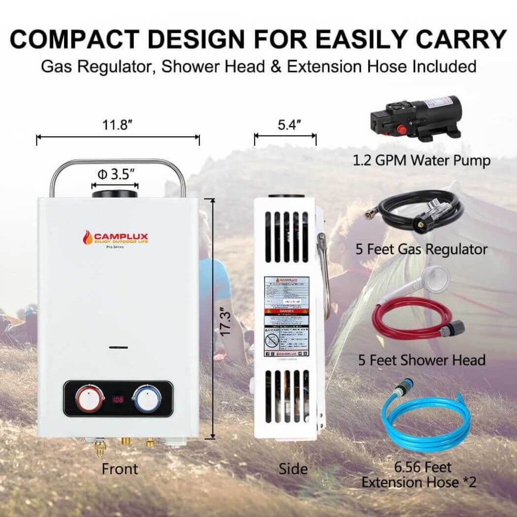 The items inside the Camplux portable water heater BD158P43 kit.