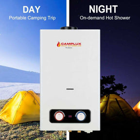 A portable gas water heater for camping, the Camplux BD264, providing hot water during outdoor adventures.