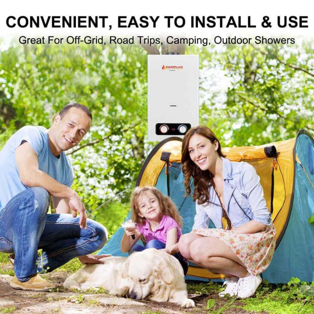 Camplux BD264: Portable water heater with compact design for outdoor use. Provides hot water on the go.