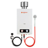 Camplux portable water heater BD264 with rain cap, ideal for outdoor use.