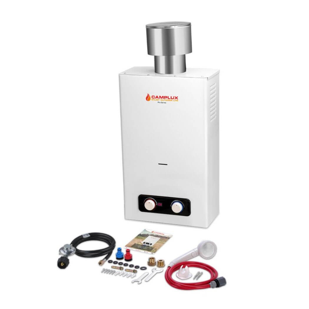 The image shows the Camplux tankless gas water heater BD264C package, the best choice for camping use.