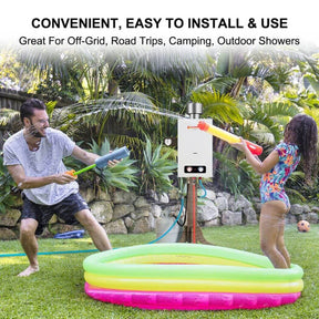 People joyfully playing in a water pool, splashing and having fun with a Camplux BD264C water heater by the side.
