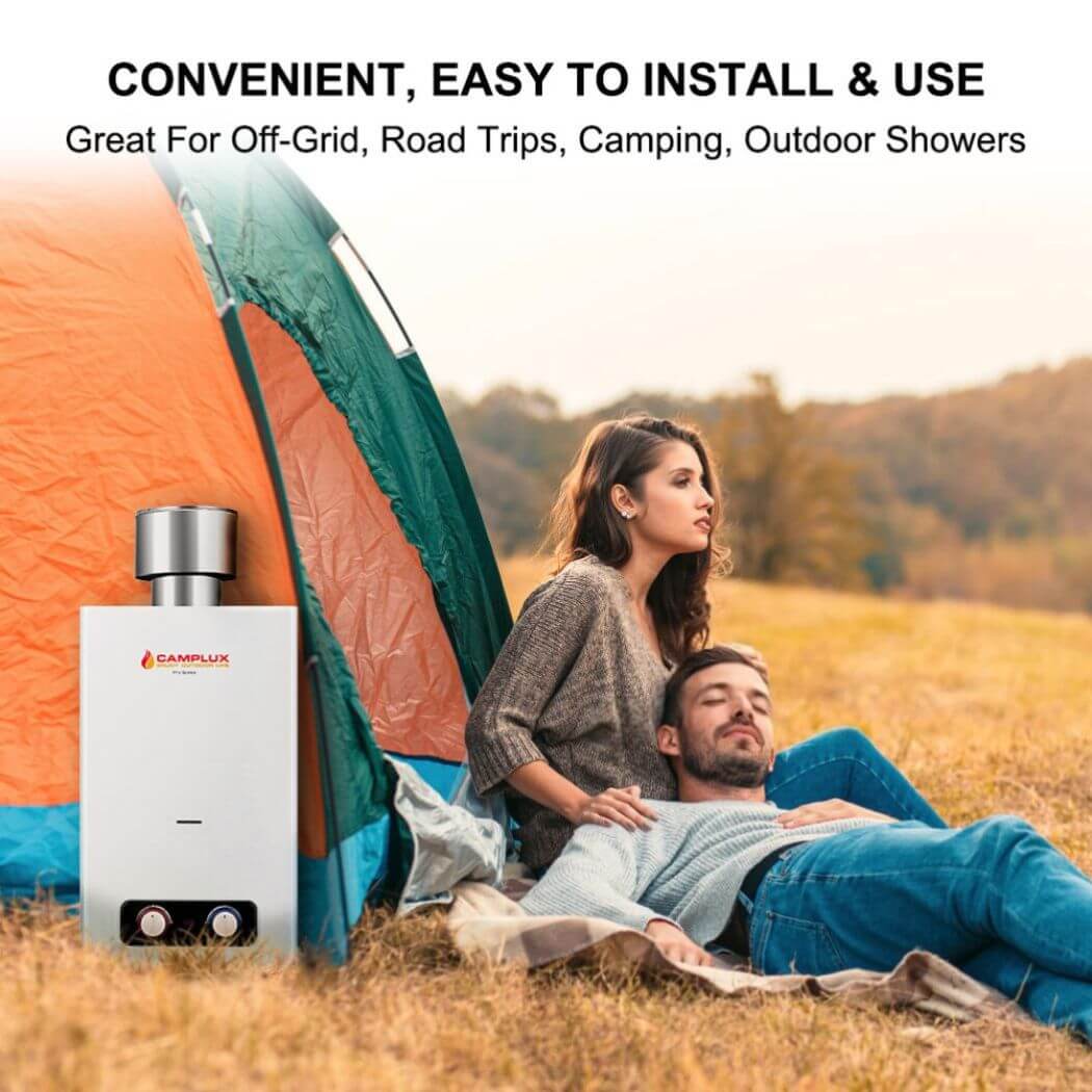 A convenient, easy-to-install Camplux BD264C hot water heater, perfect for off-grid adventures and camping.