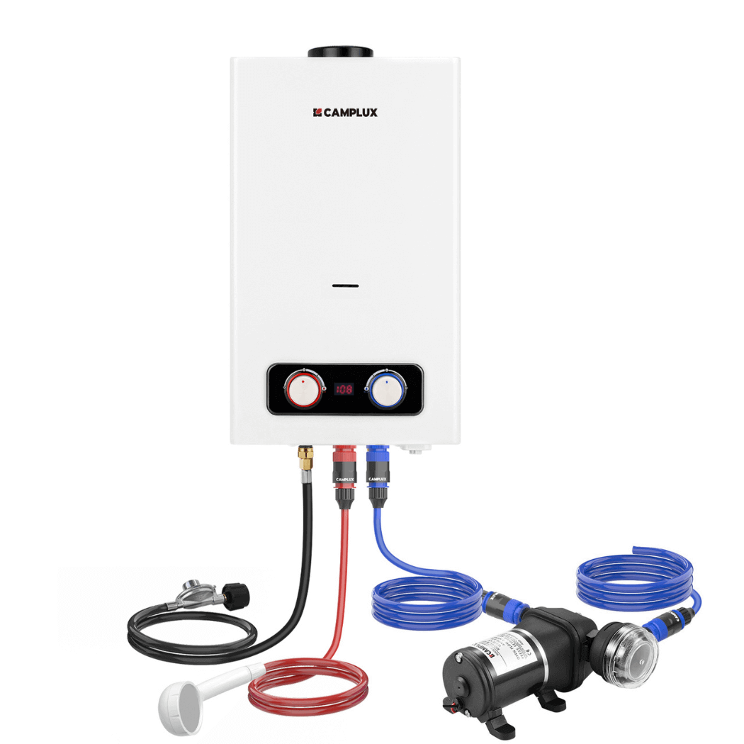Tankless Water Heater, Camplux 2.64 GPM Outdoor Propane Water Heater, Gas Water Heater with 3.3 GPM Water Pump & Pipe Strainer for Camping, Cabins