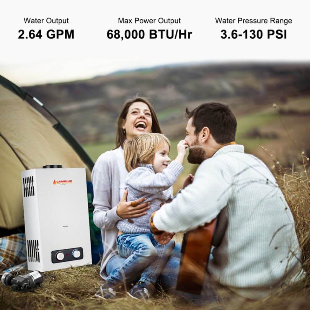 A family having fun beside a tent with a Camplux BD264P120 water heater nearby.