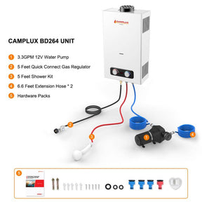 A compact and efficient water heater kit, the Camplux BD264P120, perfect for outdoor camping and on-the-go hot water needs.