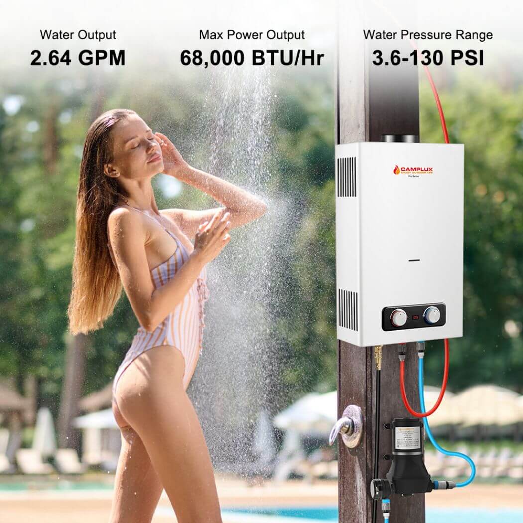 A woman in a bikini enjoying hot water shower from Camplux BD264P120 water heater.