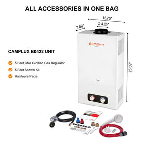 Camplux BD422 water heater, complete with all items inside the packaging.
