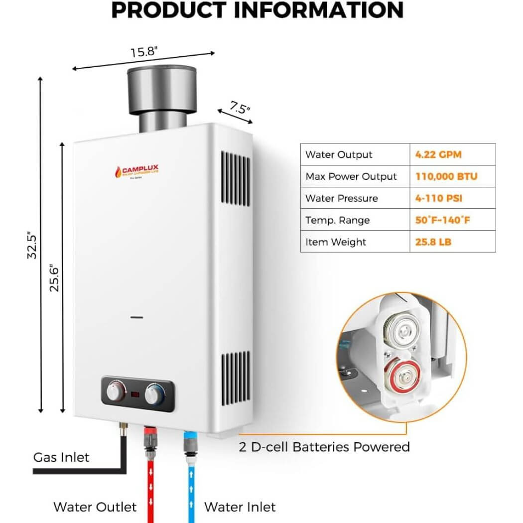 Camplux 4.22 GPM On Demand Hot Water Heater with 4.33'' S/S
