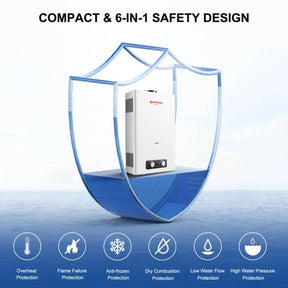 6-in-1 safety design: Camplux BD422 water heater, built for durability with a focus on safety.