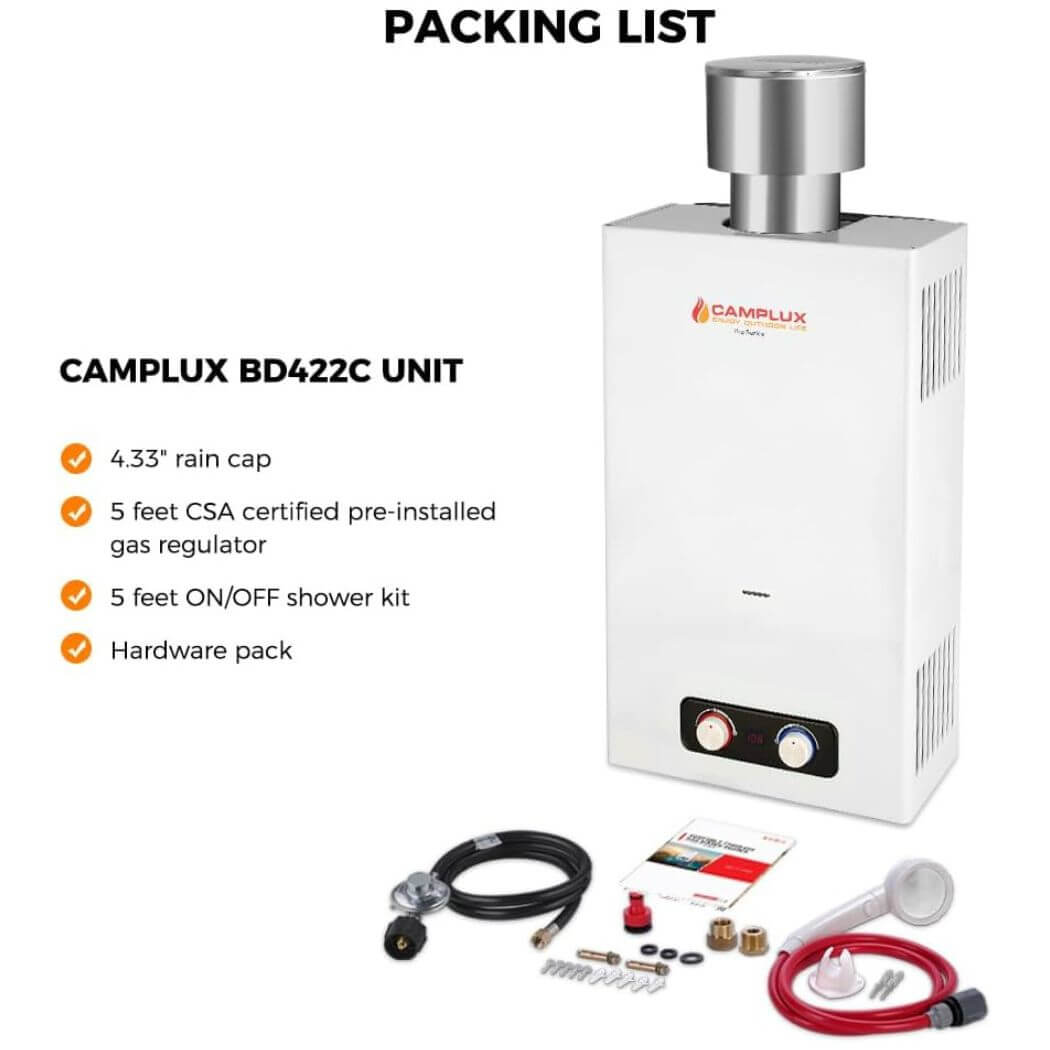 Camplux 4.22 GPM On Demand Hot Water Heater with 4.33'' S/S Rain Cap