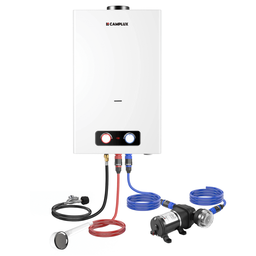 Camplux 4.22 GPM On Demand Water Heater, with 3.3 GPM Water Pump & Pipe Strainer